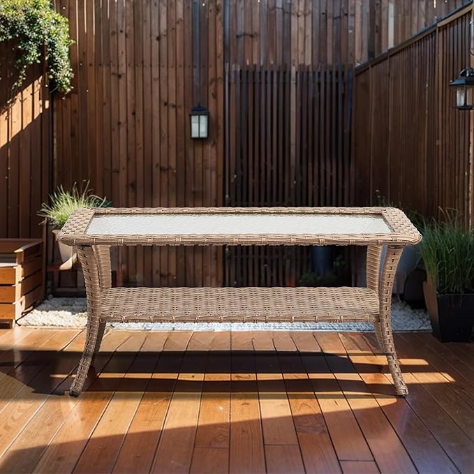 Outdoor Coffee Table - Patio Rattan Wicker Coffee Table with Tempered Glass Top and 2-Tier Storage Outdoor Table for Deck Porch Balcony Garden - Yellow