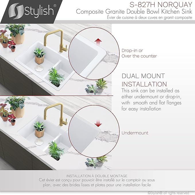 Stylish 27.25 x 18.75 Inch Drop In or Undermount Kitchen Sink Double Bowl Workstation 9.5 Inches Deep Granite Composite Kitchen Sinks with Regular Strainers White, S-827H