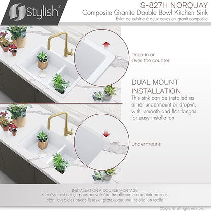 Stylish 27.25 x 18.75 Inch Drop In or Undermount Kitchen Sink Double Bowl Workstation 9.5 Inches Deep Granite Composite Kitchen Sinks with Regular Strainers White, S-827H