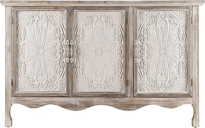RoyalCraft Buffet Cabinet with Storage, Vintage Solid Wood Sideboard with 3 Carved Doors, Painted Coffee Bar Console Table for Dining Room, Living Room, Kitchen, Distressed Black