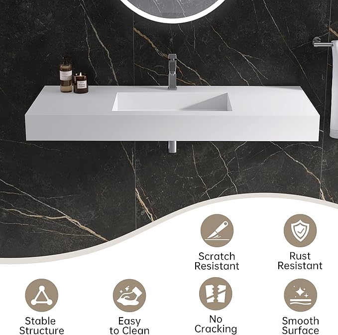 47" Wall Mount Sink Matte Bathroom Vanity Vessel Sinks Artificial Stone Rectanglee Indoor Outdoors Modern Floating or Countertop Freestanding Wall Hang Sink Bowl… (single Holes 47'')…