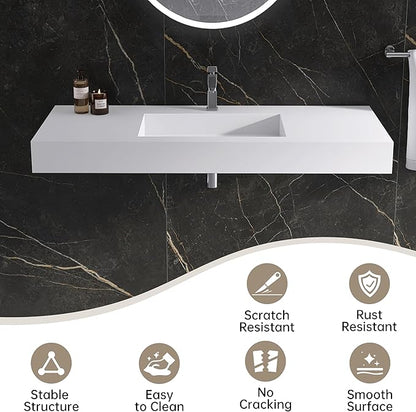 47" Wall Mount Sink Matte Bathroom Vanity Vessel Sinks Artificial Stone Rectanglee Indoor Outdoors Modern Floating or Countertop Freestanding Wall Hang Sink Bowl… (single Holes 47'')…