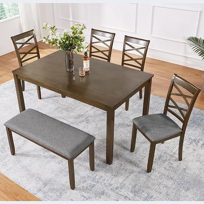 6 Piece Wooden Dining Table Set with 4 Chairs and a Bench, Rectangular Kitchen Table Set for 6 People, Modern Dining Room Table Set for Kitchen and Dining, Walnut