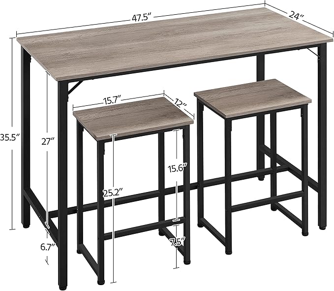 Topeakmart Kitchen Bar Table Set, 3 Piece Dining Table Set, Rectangular Pub Breakfast Table Set, Counter Height with Bar Stools for Dining Room, Apartment, Small Space