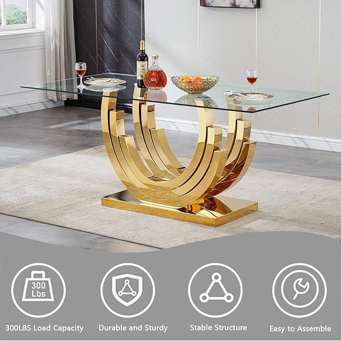 70" Glass Dining Table for 6-8, Modern Dining Room Table with 0.39" Tempered Glass Top and Three U-Shaped Gold Stainless Steel Base, Rectangle Kitchen Dinner Table for Dining Room