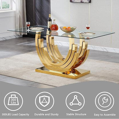 70" Glass Dining Table for 6-8, Modern Dining Room Table with 0.39" Tempered Glass Top and Three U-Shaped Gold Stainless Steel Base, Rectangle Kitchen Dinner Table for Dining Room