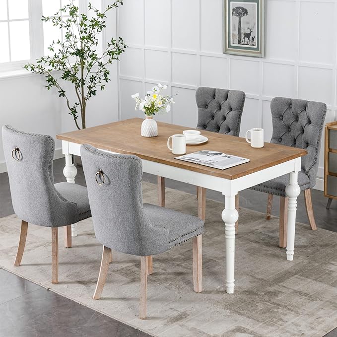 Ball & Cast Contemporary Upholstered Dining Chairs Set of 2, Button Tufted Kitchen Side-Chairs with Hang Ring & Nailhead Trims & Solid Wood Legs, 2-Piece Backrest Traditional Chair, Linen Gray