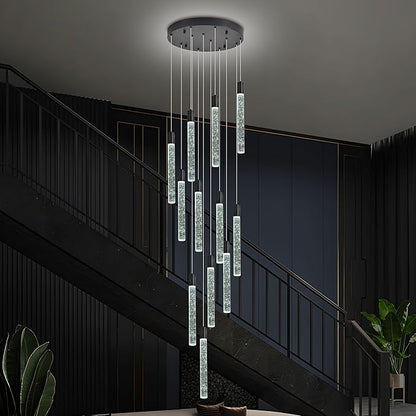 12-Lights Bubble Chandelier for Entryway High Ceiling-137 Height Adjustable Crystal Chandelier,3 Color Temperature Dimmable LED Pendant Light Fixture for Foyer Living Room Staircase,Matte Black