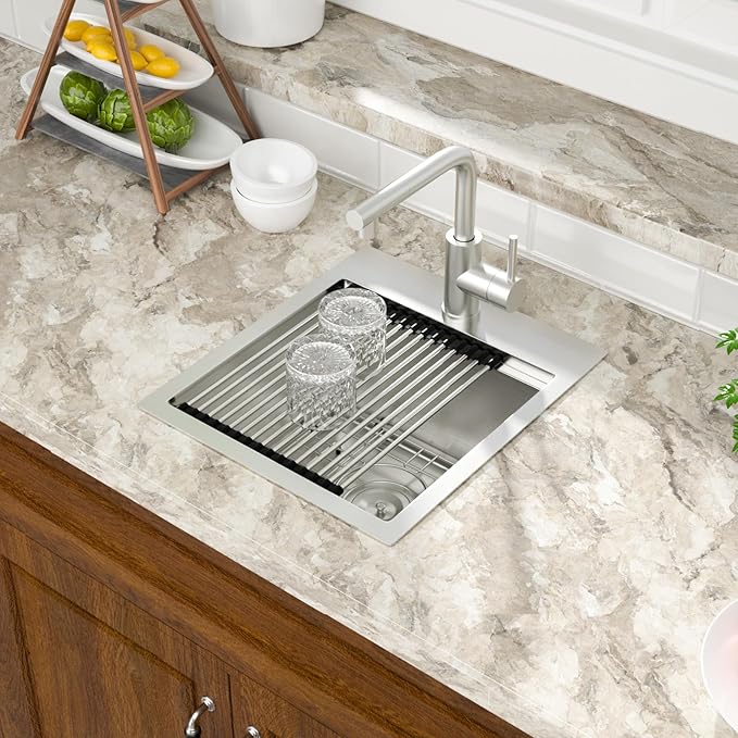 Mocoloo 15 Inch Bar Sink with Faucet, 16 Gauge Drop in Workstation Sink - 15x17x9" Stainless Steel Single Bowl Small Prep Kitchen Sink with Pull-Out Faucet