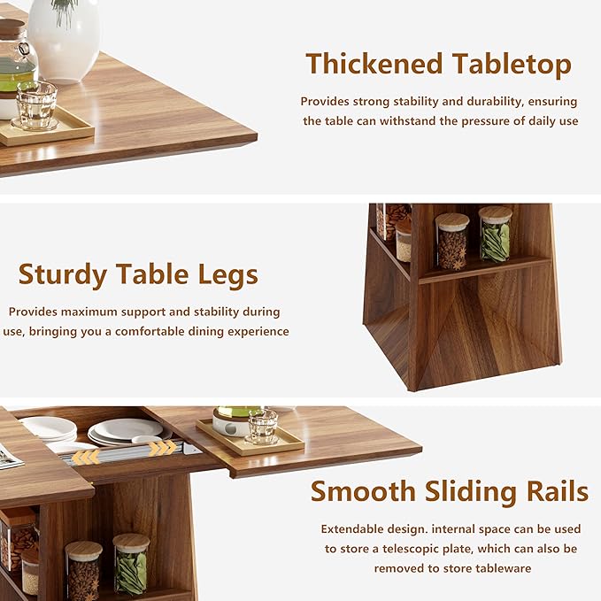 40"-54" Square Extendable Dining Table for 4/6/8, Modern Kitchen Table with Storage Shelf & Foot Support, Wood Dining Table for Living Room, Kitchen, Space Saving, Walnut