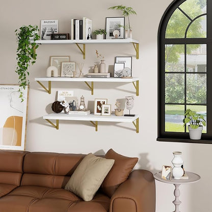 Deep Wall Shelves 55"W x 12"D Engineered Wood Floating Shelves for Wall, Sturdy Metal Bracket(Gold) Bookshelves Home Decor Storage for Living Room Bedroom Bathroom Kitchen, Set of 2, White Finish