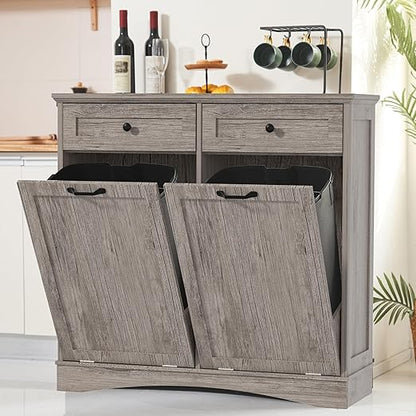 Double Tilt Out Trash Cabinet Freestanding Wooden Garbage Can Cabinet with Hideaway Drawers, 2x13 Gallons Pet Proof Garbage Can Holder for Kitchen Living Room, Grey