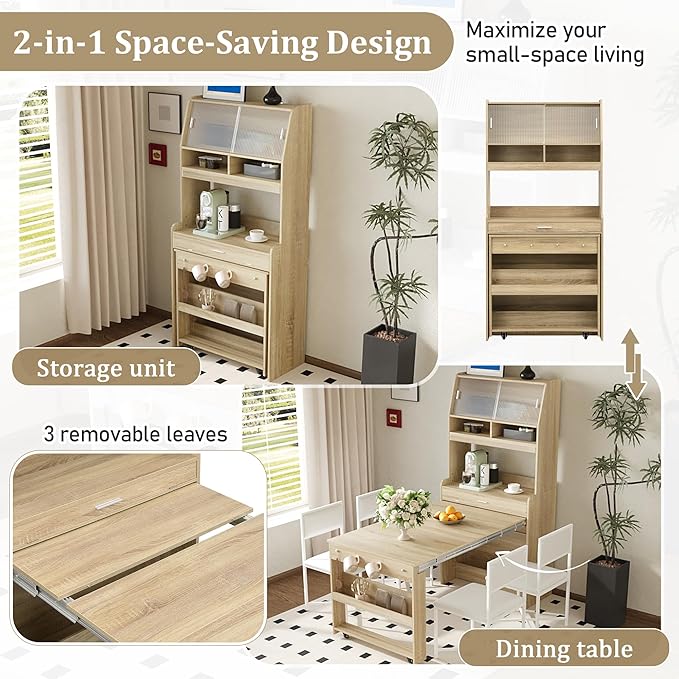 Compact Buffet with Hutch and Foldable Dining Table, Multifunctional Cupboard with Storage Shelf and Side Hooks, 2-in-1 Buffet for Small Places, Studio, Apartment