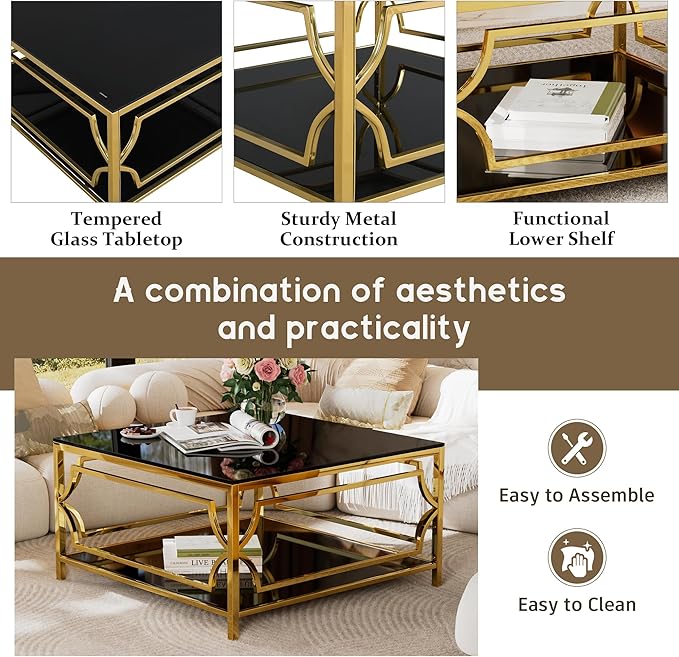 Harper & Bright Designs Square Glass Coffee Table in 33.5",Luxurious Geometric Metal Frame,Gold Finish & Lower Shelf