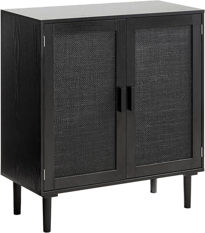 VEVOR Rattan Cabinet, Rattan Buffet Cabinet with 2 Magnetic Doors and Adjustable Shelves, Accent Sideboard Buffet with Wooden Legs & Power Cord Hole for Hallway, Entryway, Kitchen, Black