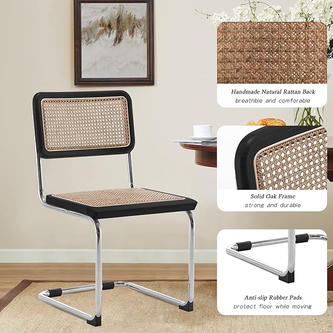 Alunaune Mid Century Modern Black Dining Chairs Set of 4, Upholstered Natural Rattan Kitchen Chairs, Armless Accent Chair Side Chairs with Metal Chrome Legs for Bedroom Living Room-Rattan Seat