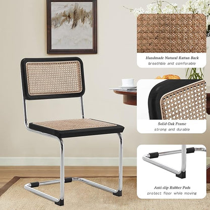 Alunaune Mid Century Modern Black Dining Chairs Set of 4, Upholstered Natural Rattan Kitchen Chairs, Armless Accent Chair Side Chairs with Metal Chrome Legs for Bedroom Living Room-Rattan Seat