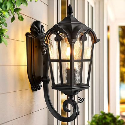 VIANIS Black Dusk to Dawn Outdoor Lighting, Vintage Outdoor Sconce Lights with Water Ripple Glass, 100% Aluminium Anti-Rust Waterproof Patio Wall Light Fixture, Outside Porch Lantern for House Garage