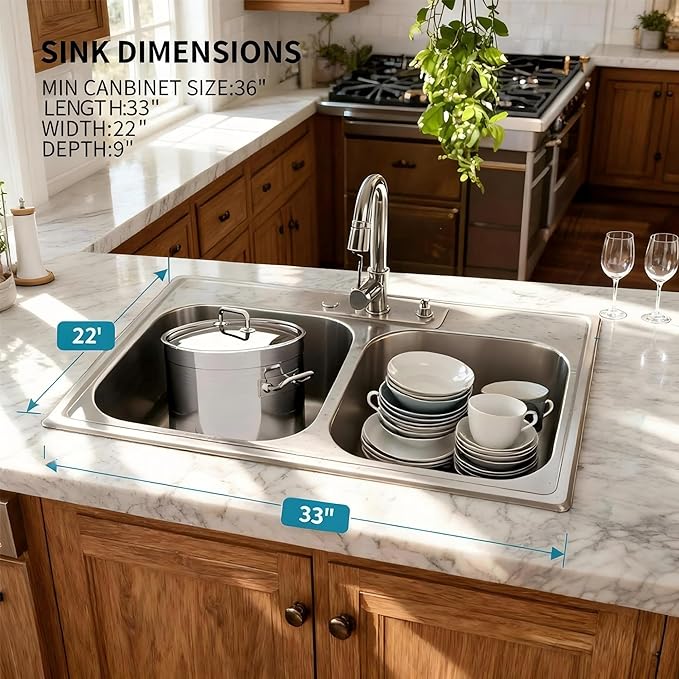Kitsitchen 33x22-Inch Drop-in Stainless Steel 50/50 Double Bowl Kitchen Sink with Strainer, Top Mount Double Bowl Kitchen Sinks with 3 holes (33" X 22"X 9")