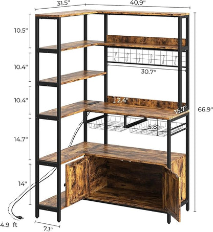 IRONCK Corner Bakers Rack with Power Outlet, Coffee Bar 6 Tier with Storage Cabinet, Vintage Industrial Microwave Stand with 6 Hooks, Kitchen Shelves with Wire Basket, Rustic Brown