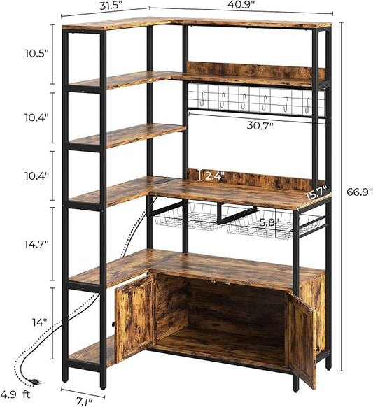 IRONCK Corner Bakers Rack with Power Outlet, Coffee Bar 6 Tier with Storage Cabinet, Vintage Industrial Microwave Stand with 6 Hooks, Kitchen Shelves with Wire Basket, Rustic Brown