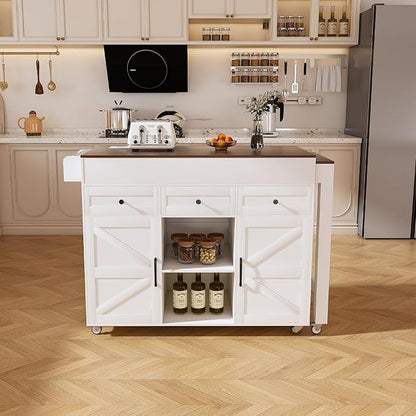 KEIKI 74.8" Kitchen Island with Extendable Dining Table, Rolling Cart with Power Outlet, 3 Drawers & Storage Cabinet on Wheels for Kitchen, Dining Room, White