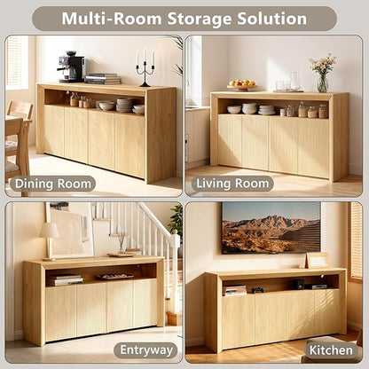 Feonase Buffet Cabinet with Storage & Led Lights, 66.2" Modern Sideboard Cabinet with 4 Doors & Shelves, Fluted Media Console Mid Century, Coffee Bar Table for Dining Room, Living Room, Kitchen, Oak