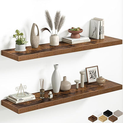 Fun Memories 48 Inch Floating Shelves, 12 Inch Deep Wall Shelves, 48 x 12 Floating Shelf Set of 2, Rustic Brown Wood Floating Shelf Wall Mounted for Large Kitchen Living Room Bedroom Bathroom Storage