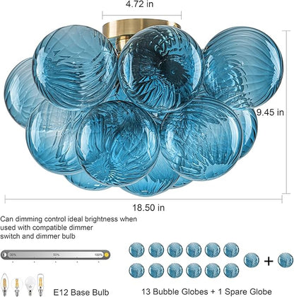 GoYeel Flush Mount Chandelier Gold, Kitchen Lights Ceiling Modern Glass Bubble Light Chandeliers 18.5" with 13 Swirled Blue Globe for Dining Room Bathroom Entryway Bedroom