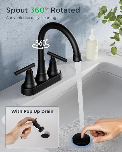 FORIOUS Matte Black Bathroom Faucets, 4 Inch Centerset Bathroom Sink Faucet 2 or 3 Hole with Pop up Drain and cUPC Hose, Two Handles Control, 360° spout for Restroom,Vanity, RV, 2 Pack