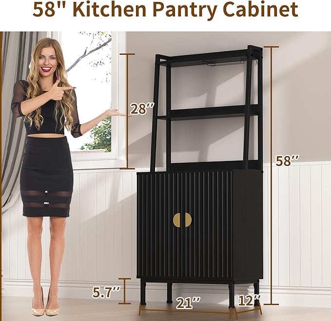 58” Pantry Cabinets with Microwave Shelves, Small Kitchen Pantry Storage Cabinet with Adjustable Shelves, Freestanding Buffet Cupboards Sideboard for Kitchen, Dining Room, Living Room Use (Black)