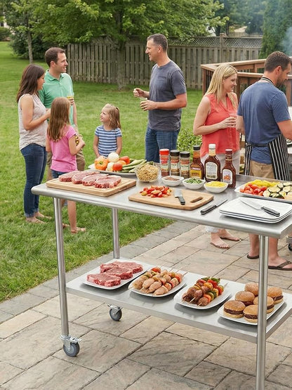 Atelicf All-Stainless Steel Prep Table, 24 X 48 Inches, with Rounded-Corner Backsplash, Wheels and Adjustable Undershelf, Heavy-Duty for BBQ,Restaurants,Hotels,Workshops,Kitchens