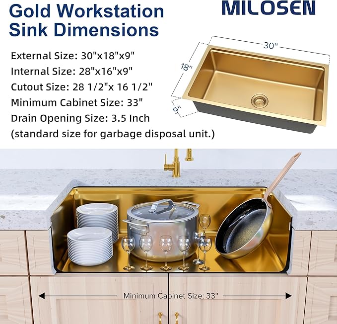 MILOSEN 30 Inch Gold Undermount Kitchen Sink, 30" x 18" Gold Stainless Steel Sinks, Single Bowl Workstation Sink with Custom Accessories, Modern Under Counter Design, 9'' Large and Deep Kitchen Sinks