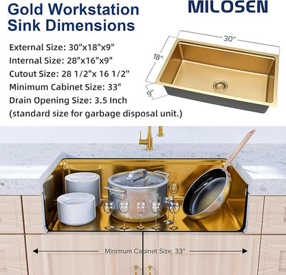 MILOSEN 30 Inch Gold Undermount Kitchen Sink, 30" x 18" Gold Stainless Steel Sinks, Single Bowl Workstation Sink with Custom Accessories, Modern Under Counter Design, 9'' Large and Deep Kitchen Sinks