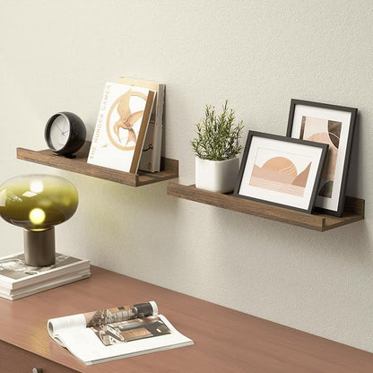 Boswillon Floating Shelves for Wall, Wall Mounted Shelves Set of 2, Rustic Shelves with Lip, Display Picture Ledge Shelf for Wall Decor Living Room Bathroom Kitchen - Brown