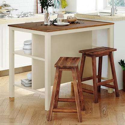 P PURLOVE 3 Piece Dining Table Set Kitchen Island Set with 2 Chairs Wood Butcher Block Dining Table Set Prep Table Set with 2 Open Shelves for Small Places