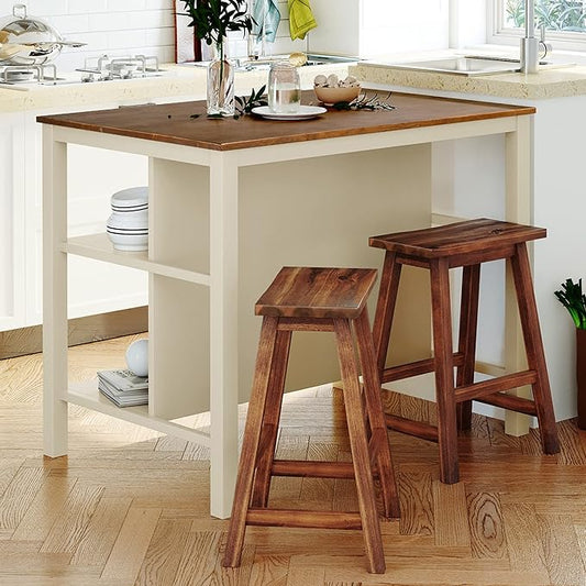 P PURLOVE 3 Piece Dining Table Set Kitchen Island Set with 2 Chairs Wood Butcher Block Dining Table Set Prep Table Set with 2 Open Shelves for Small Places