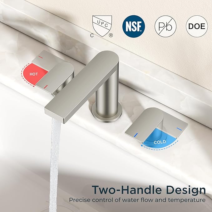 FORIOUS Brushed Nickel Bathroom Faucets 3 Hole, 8 Inch Widespread Bathroom Sink Faucet with Pop-up Drain and Cupc Supply Lines, 2-Handle for Vanity, Hotel Restroom