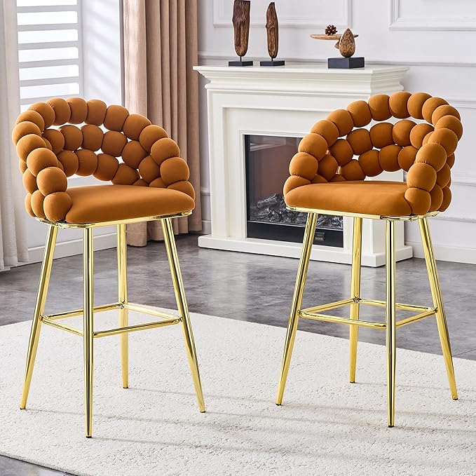 Set of 2 Orange Puffy Bubble Chair Ball Chain Chair Velvet Bar Stools with Gold Legs, Tufted Accent Bar Chairs for Kitchen Island Home Bar