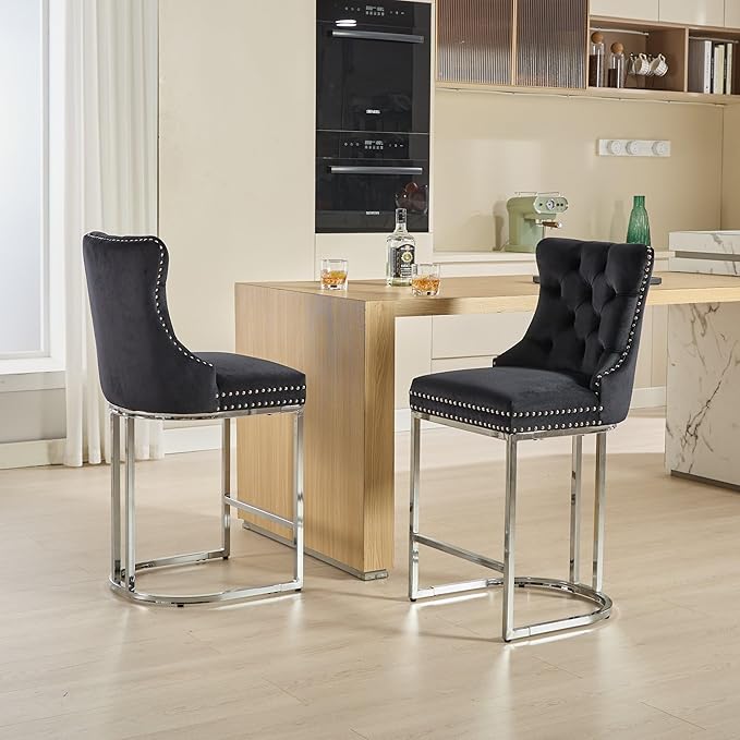 26" Counter Height Bar Stools Set of 2, Black Velvet Upholstered Kitchen Island Chairs with Button Back, Rivet Trim, Sturdy Chromed Metal Base, Ergonomic High Back for Dining Room