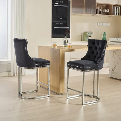 26" Counter Height Bar Stools Set of 2, Black Velvet Upholstered Kitchen Island Chairs with Button Back, Rivet Trim, Sturdy Chromed Metal Base, Ergonomic High Back for Dining Room
