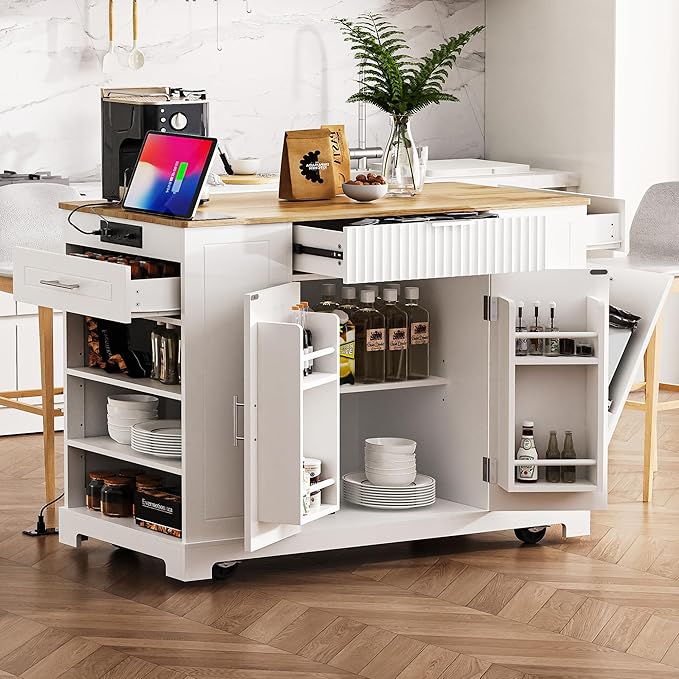 Modern Dining Table Kitchen Island with Drawers, Fluted Design, Power Outlet, Shelves, Mobile Rolling Cart for Dining Room and Kitchen,White-MDF