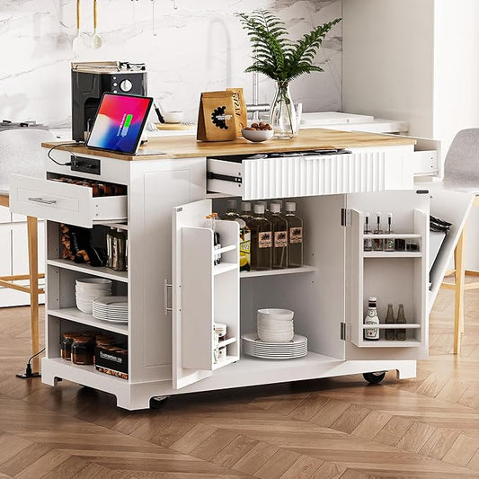 Modern Dining Table Kitchen Island with, Fluted Drawers, Power Outlet, Shelves, Mobile Rolling Cart with Trash Can Cabinet, 3 Drawers and Open Side Racks,White-MDF