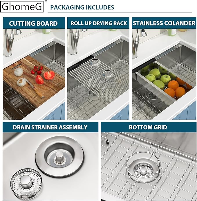 33 Inch Undermount Kitchen Sink 33x18 Inch Workstation Undermount Sink Stainless Steel 16 Gauge 8 In Deep Single Bowl Under Counter with Accessories