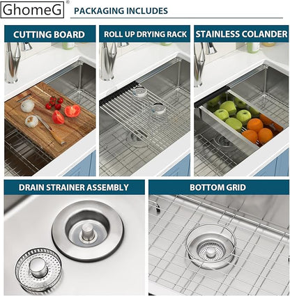 33 Inch Undermount Kitchen Sink 33x18 Inch Workstation Undermount Sink Stainless Steel 16 Gauge 8 In Deep Single Bowl Under Counter with Accessories