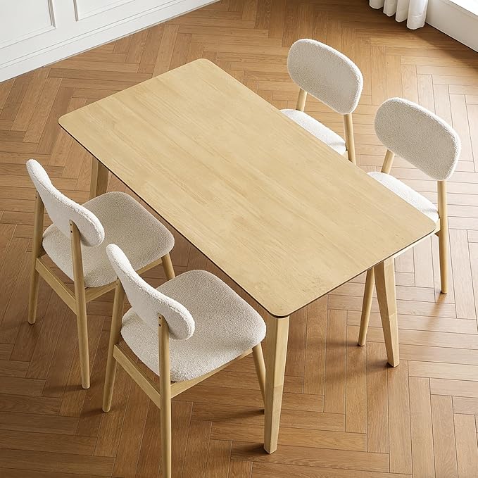 5-piece Dining Table Set for 4 with Chairs, Space Saving Farmhouse Kitchen Table & 4 Upholstered Chairs with Rubber Wood Frame, Mid-Century Modern Dining Room Set (Beige)