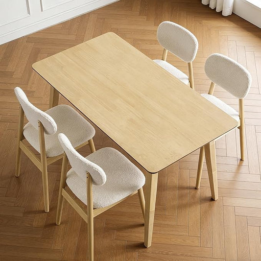 5-piece Dining Table Set for 4 with Chairs, Space Saving Farmhouse Kitchen Table & 4 Upholstered Chairs with Rubber Wood Frame, Mid-Century Modern Dining Room Set (Beige)