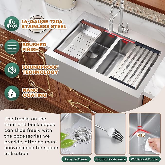Rhbamoa Double Farmhouse Sink 36 Inch,16-Gauge T304 Stainless Steel Drop In Farm Sink,50/50 Topmount Double Bowl Apron Front Farm Sinks,10 Inch Deep Workstation Sinks with All Accessories