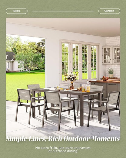 Vexwalx 7-Piece Outdoor Dining Set, Aluminum Dining Table Set for 6, Patio Table and Chairs Set with Umbrella Hole, All Weather HDPS Outdoor Table and Chairs for 6 (Gray)