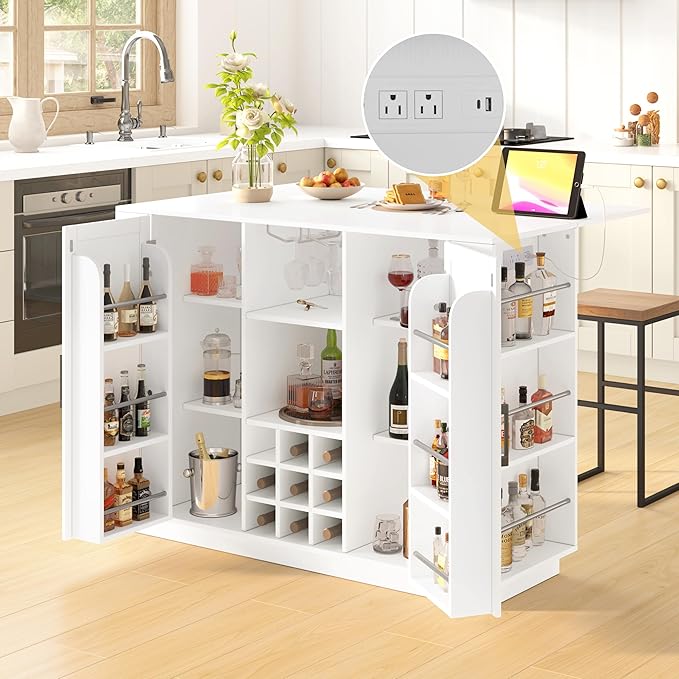 47.2" Kitchen Island with Drop Leaf & Power Outlet, Wine Bar with Bottle Rack & Glass Holder, 2-Door Buffet Sideboard with Side Shelves for Dining Room (White-85R)